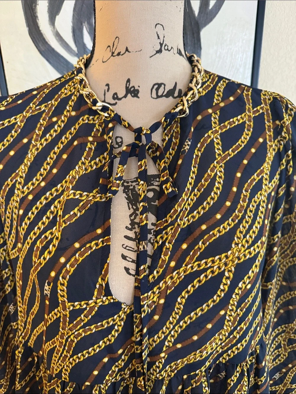 Women's Navy and Gold Printed Long Sleeve Tiered Dress